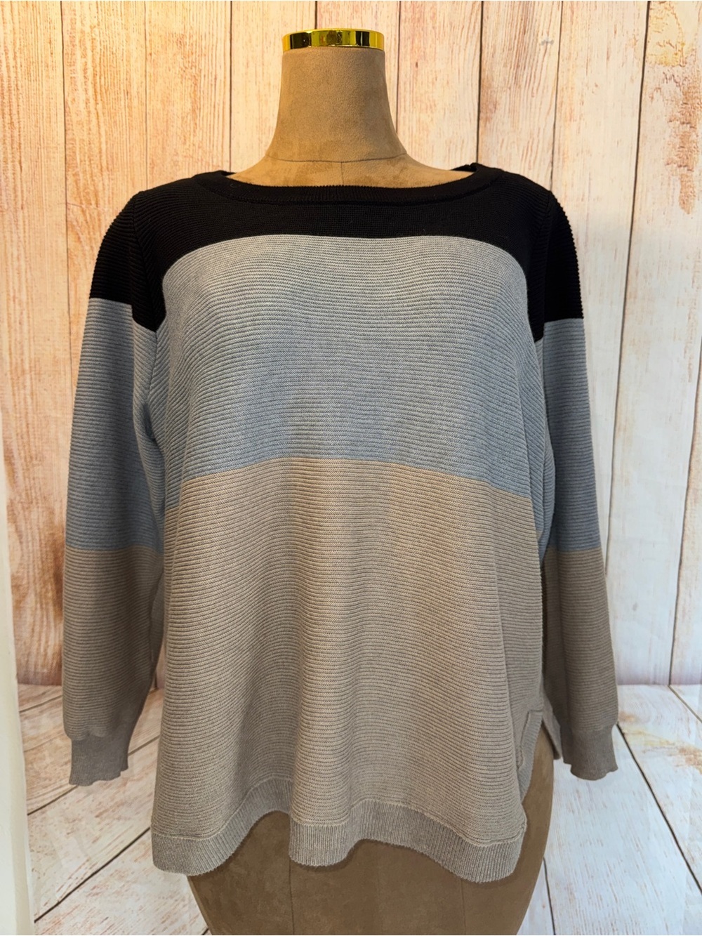 Cyrus Colorblock Ribbed Knit Sweater, Black Grey & Tan, Relaxed, Women’s 2X​